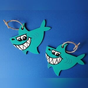 Cute Handmade Large Teal Shark Wood Ornament